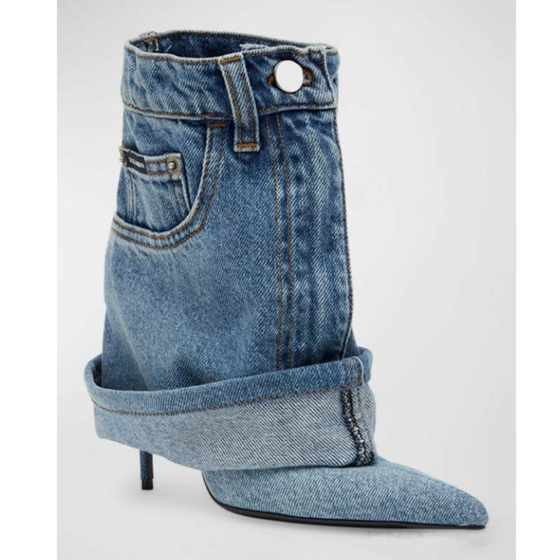 Pointed-toe Washed Denim Pantskirt Stiletto Ankle Boots - Body By J'ne