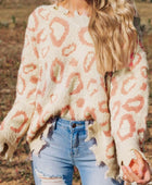 Distressed Trim Leopard V-Neck Sweater