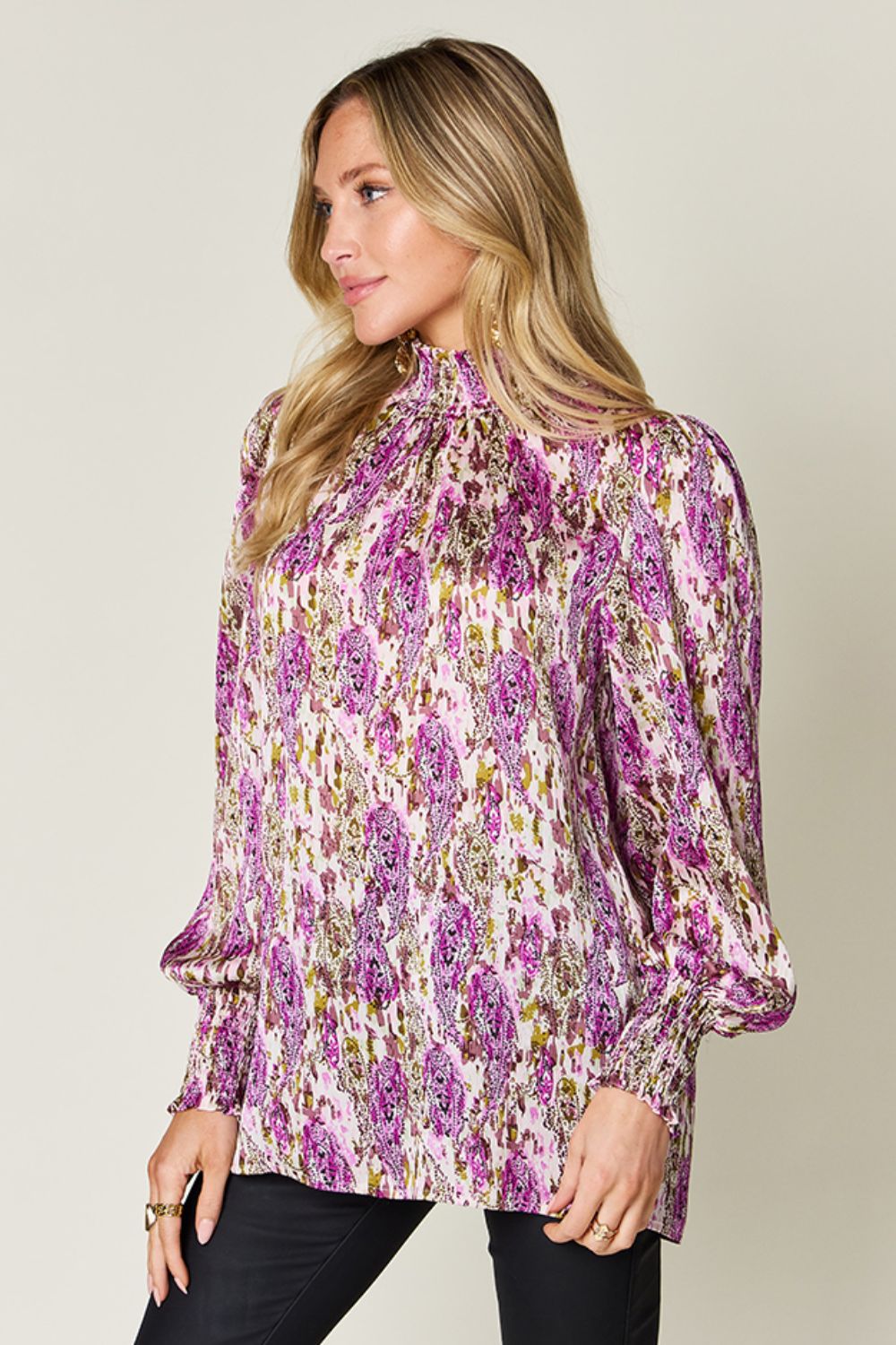 Full Size Printed Smocked Long Sleeve Blouse - Body By J'ne