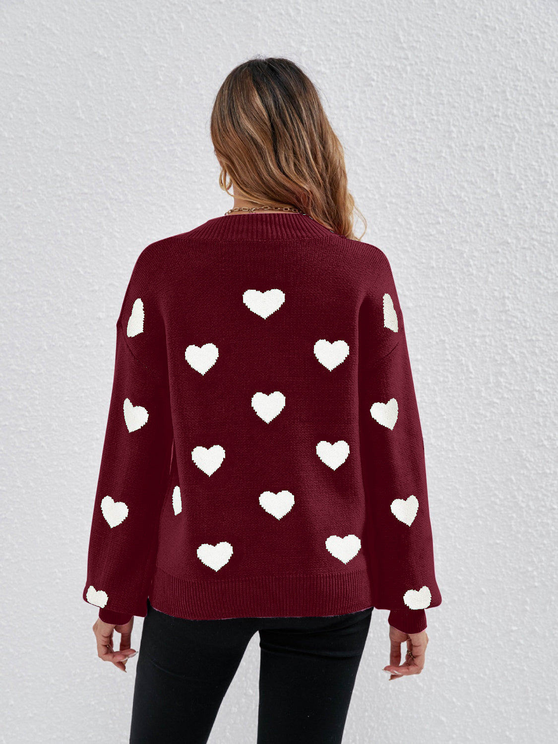 Heart Round Neck Dropped Shoulder Sweater - Body By J'ne