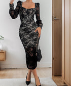 Perfee Lace Sweetheart Neck Long Sleeve Midi Dress