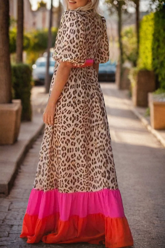 Leopard V-Neck Half Sleeve Maxi Dress - Body By J'ne