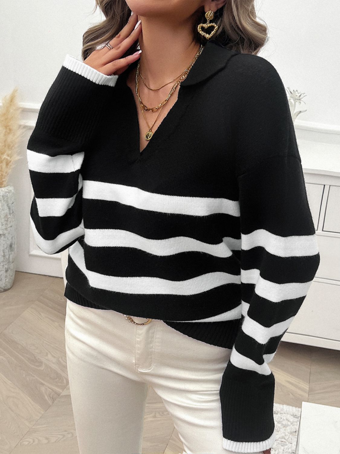 Striped Collared Neck Long Sleeve Sweater - Body By J'ne