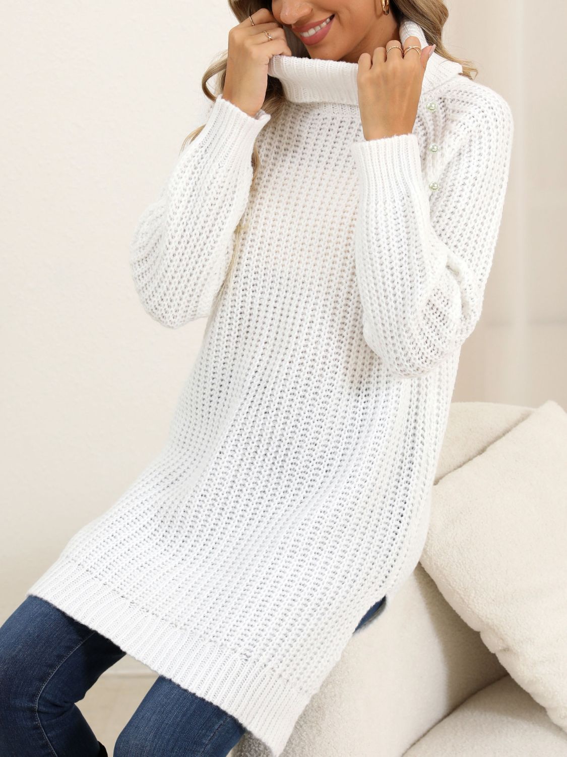 Slit Turtleneck Long Sleeve Sweater - Body By J'ne