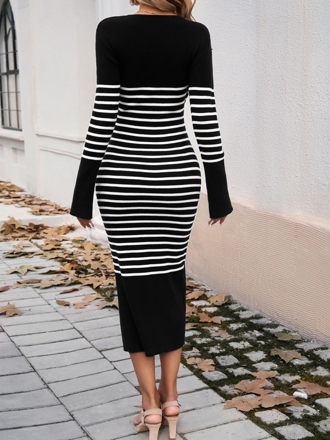 Striped V-Neck Long Sleeve Sweater Dress - Body By J'ne
