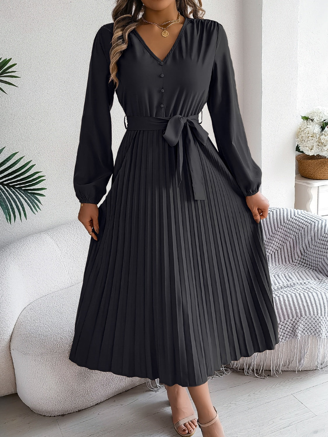 Pleated Tied V-Neck Long Sleeve Dress - Body By J'ne