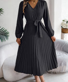 Pleated Tied V-Neck Long Sleeve Dress