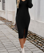 Slit V-Neck Long Sleeve Midi Dress