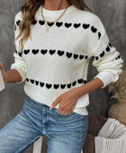 Perfee Heart Round Neck Long Sleeve Sweater