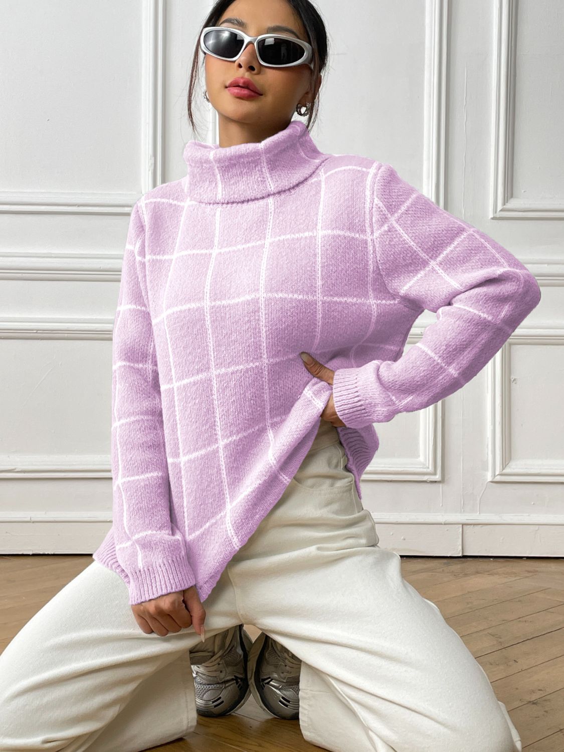Plaid Turtleneck Long Sleeve Sweater - Body By J'ne