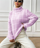 Plaid Turtleneck Long Sleeve Sweater