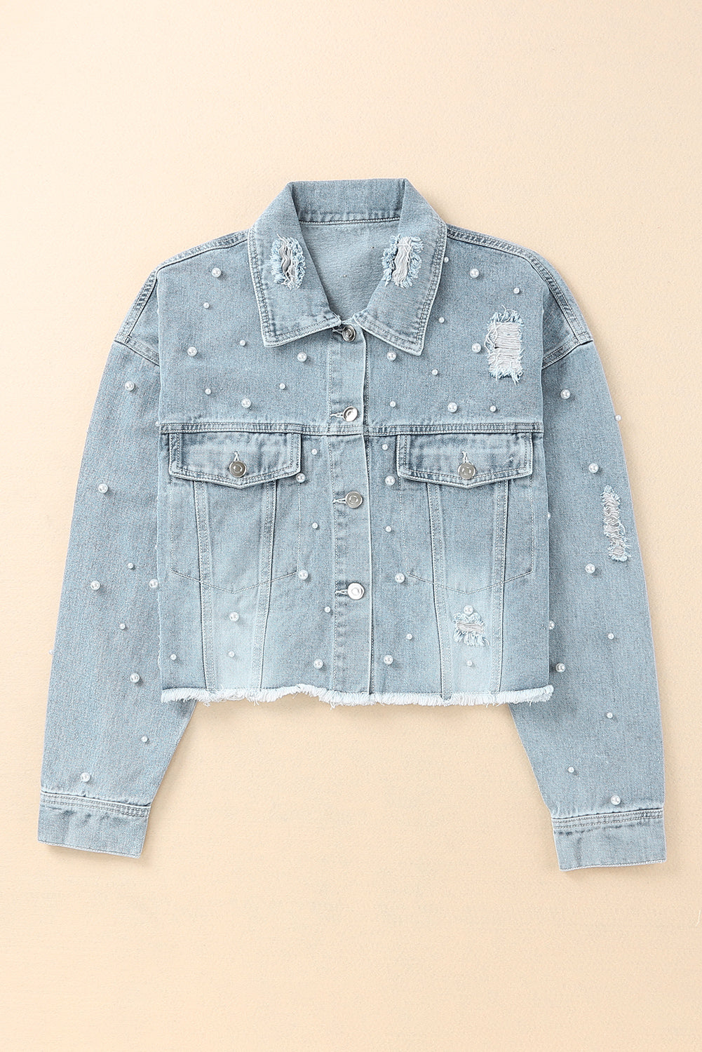 Distressed Pearl Trim Button Up Denim Jacket - Body By J'ne