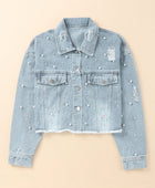 Distressed Pearl Trim Button Up Denim Jacket