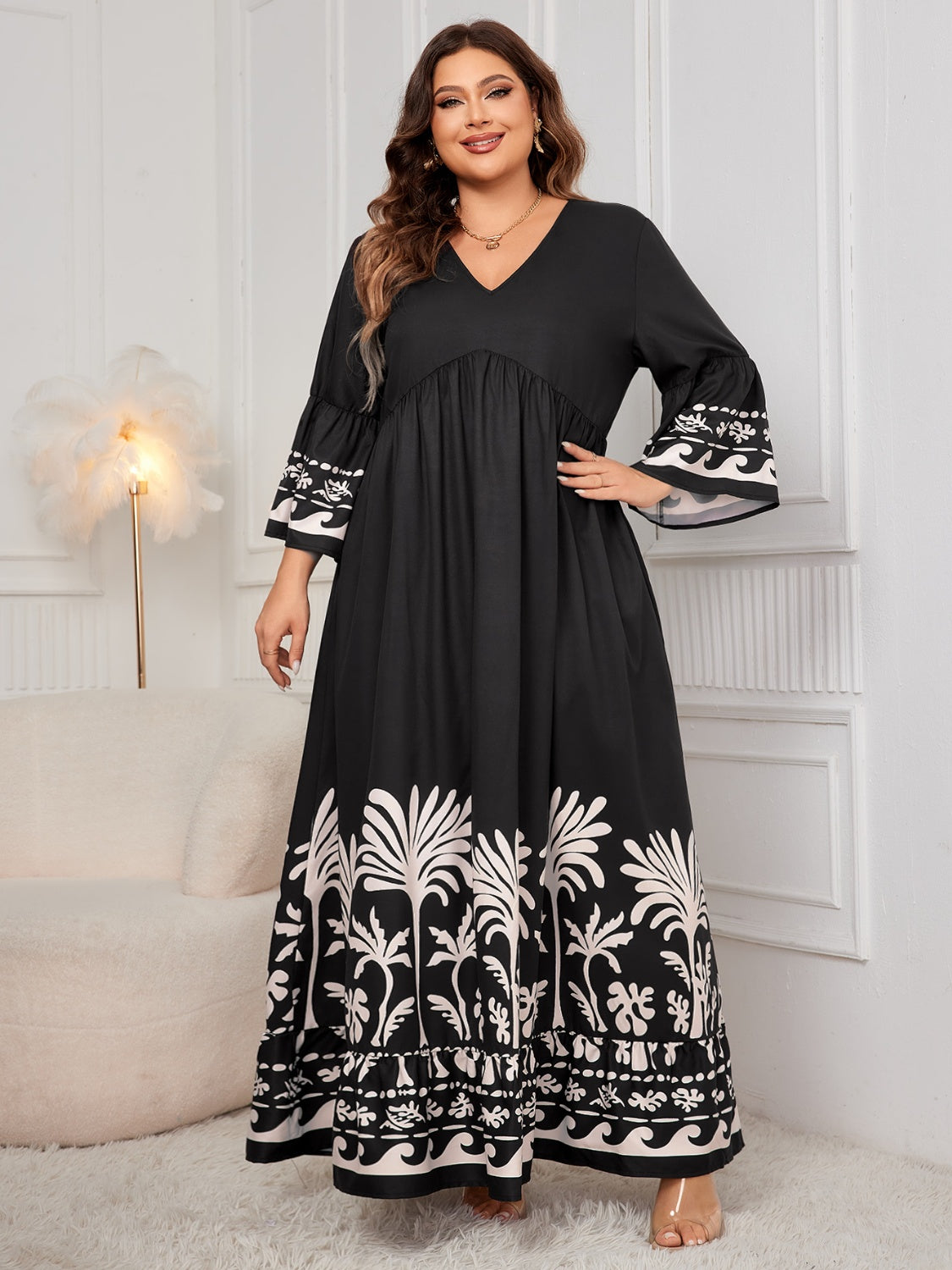 Plus Size Printed V-Neck Long Sleeve Maxi Dress - Body By J'ne