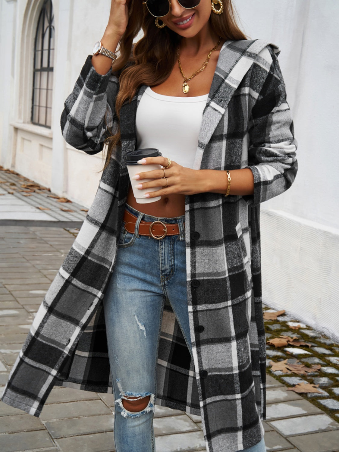 Devine Plaid Long Sleeve Hooded Coat - Body By J'ne