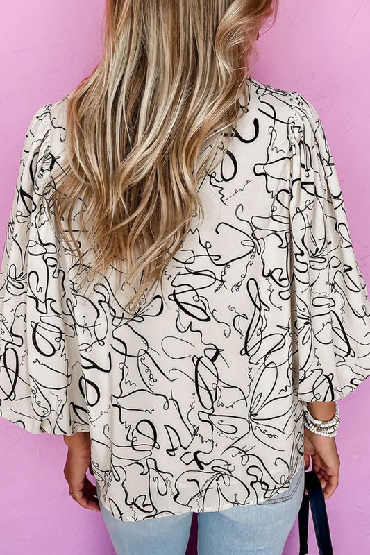 Printed Round Neck Three-Quarter Sleeve Blouse - Body By J'ne