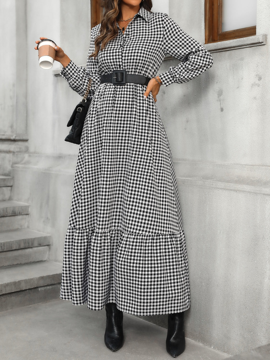 Ruffle Hem Plaid Long Sleeve Dress - Body By J'ne