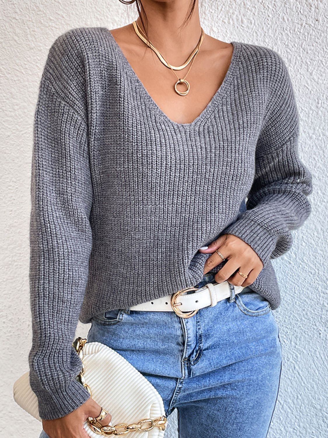 Crisscross V-Neck Long Sleeve Sweater - Body By J'ne