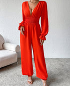 Plunge Smocked Flounce Sleeve Jumpsuit - Body By J'ne