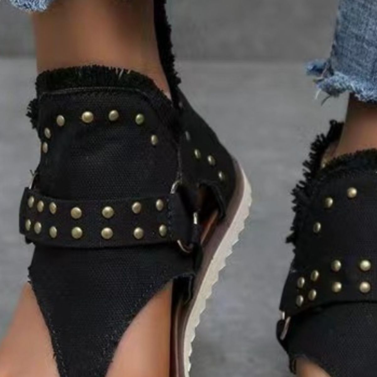 Studded Raw Hem Flat Sandals - Body By J'ne