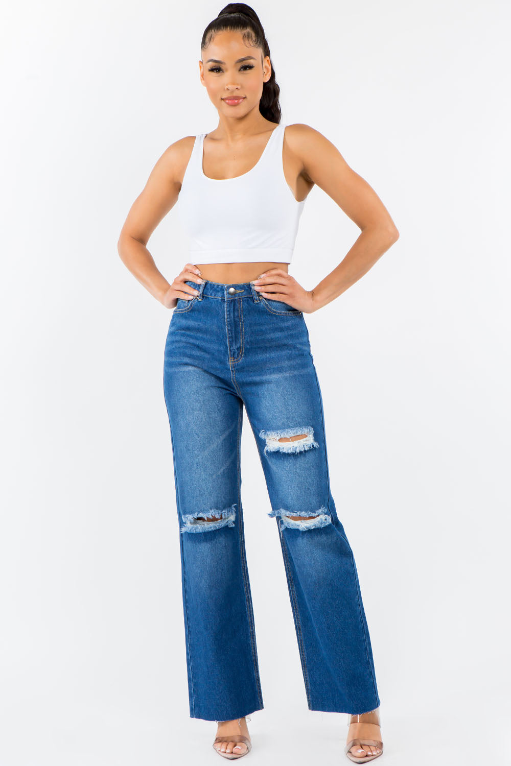 High Waist Distressed Wide Leg Jeans - Body By J'ne