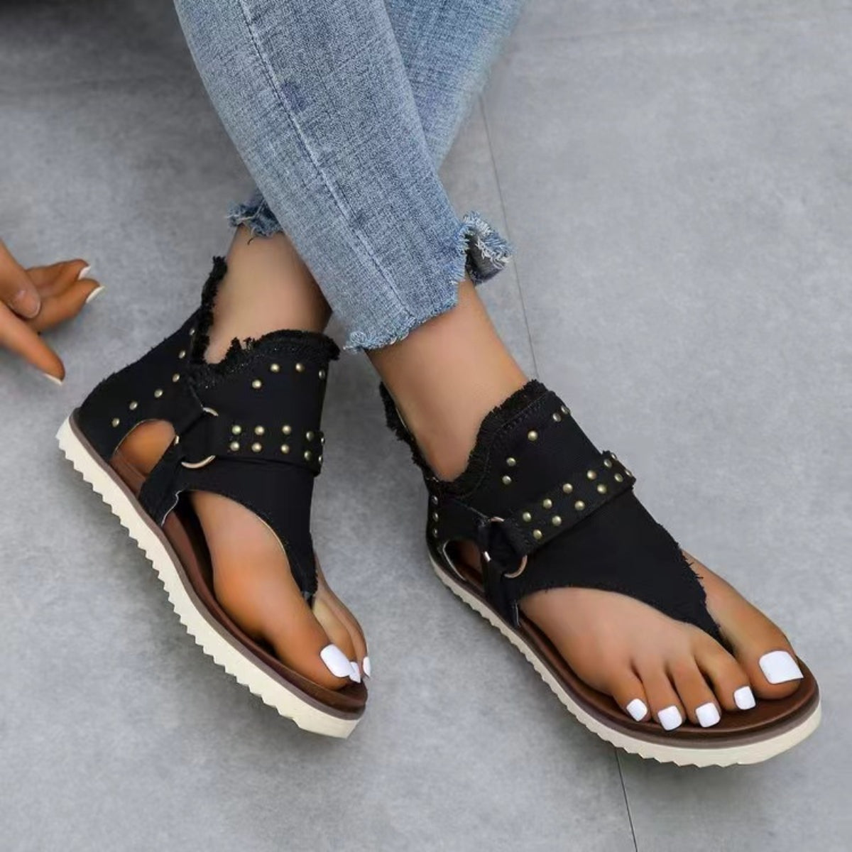 Studded Raw Hem Flat Sandals - Body By J'ne