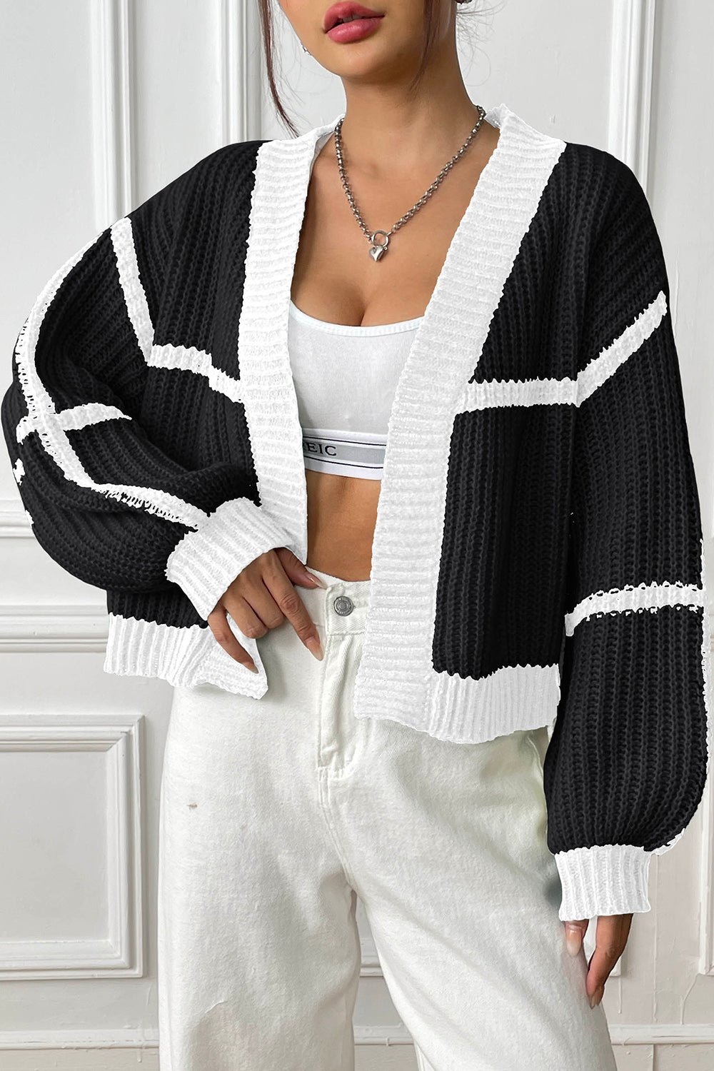 Contrast Open Front Long Sleeve Cardigan - Body By J'ne