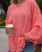 Distressed Round Neck Long Sleeve Sweater