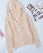 Distressed Zip Up Drawstring Hooded Cardigan