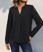 Perfee Notched Lace Long Sleeve Blouse