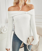 Ribbed Asymmetrical Hem Off-Shoulder Long Sleeve T-Shirt