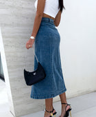 Slit Button Up Midi Denim Skirt