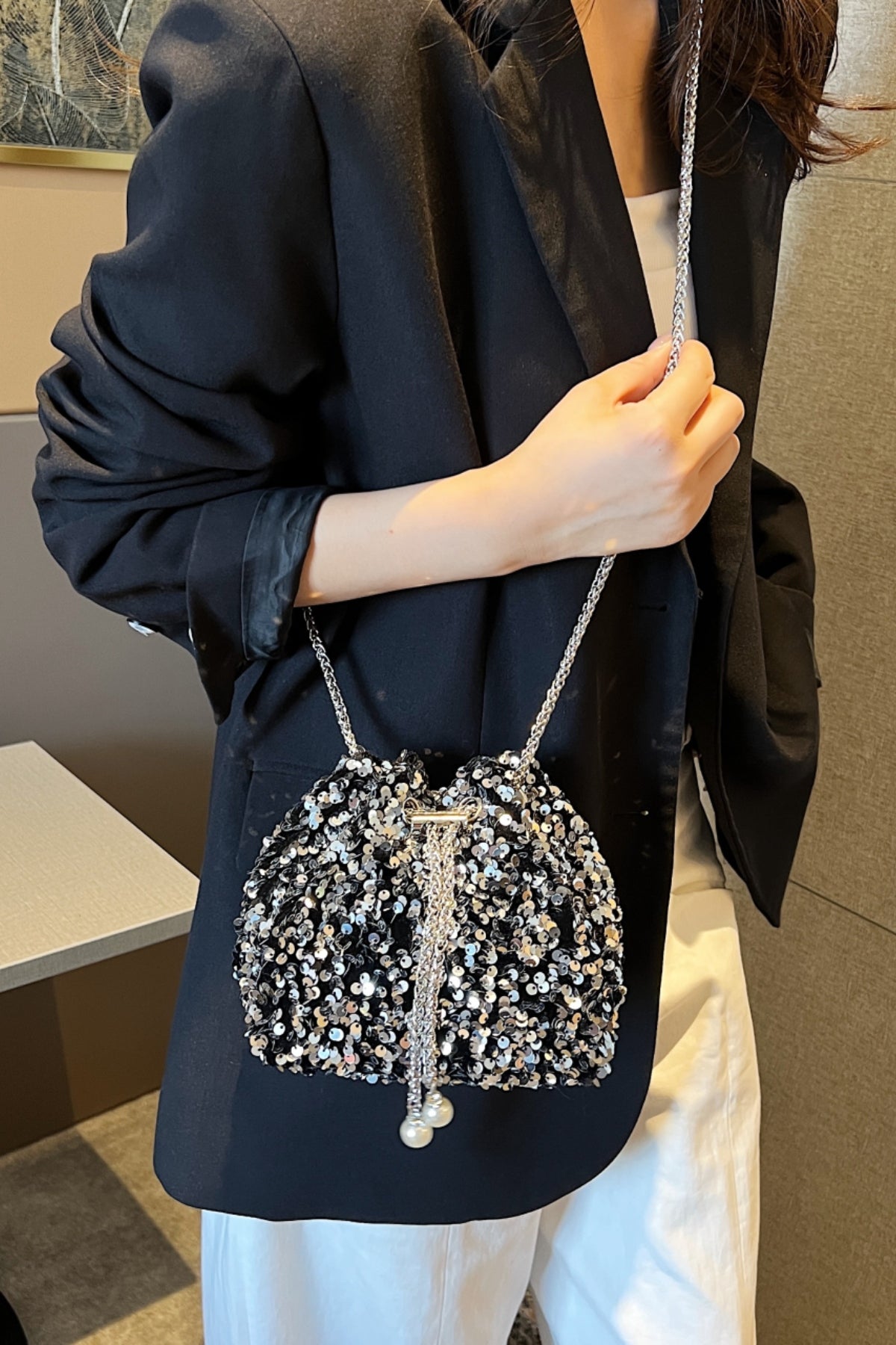 Sequin Chain Drawstring Bucket Bag - Body By J'ne