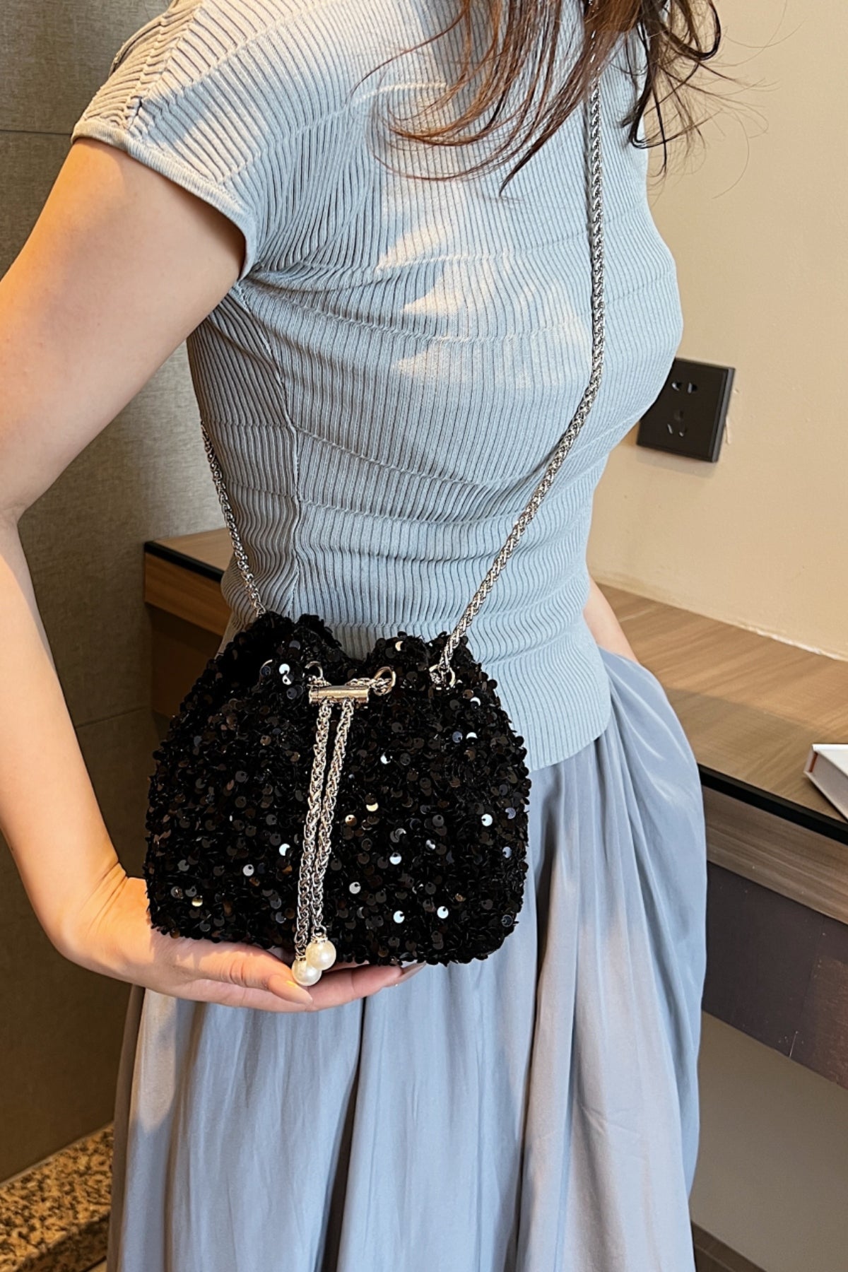 Sequin Chain Drawstring Bucket Bag - Body By J'ne