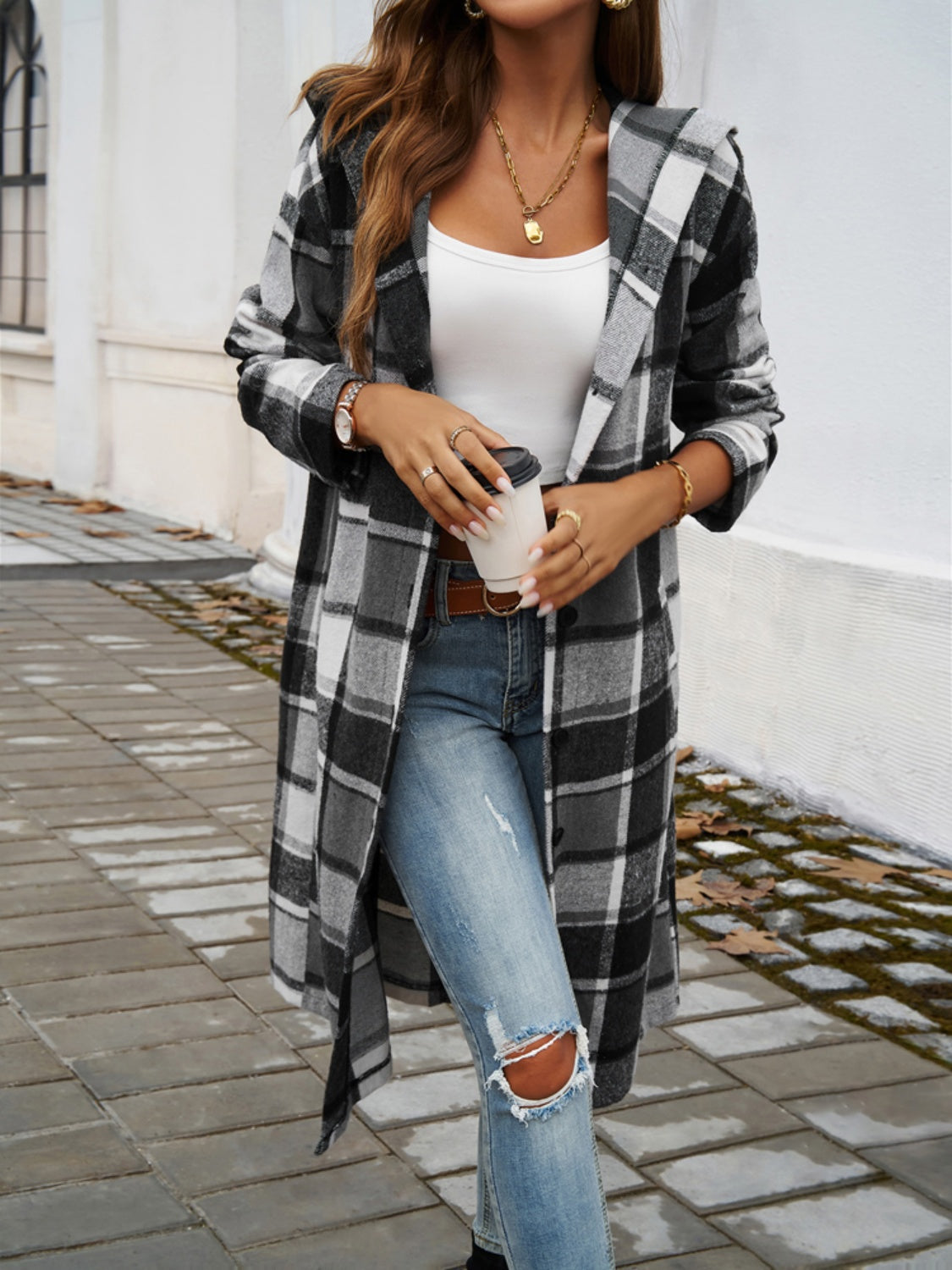 Devine Plaid Long Sleeve Hooded Coat - Body By J'ne
