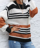 Contrast Striped Round Neck Long Sleeve Sweater