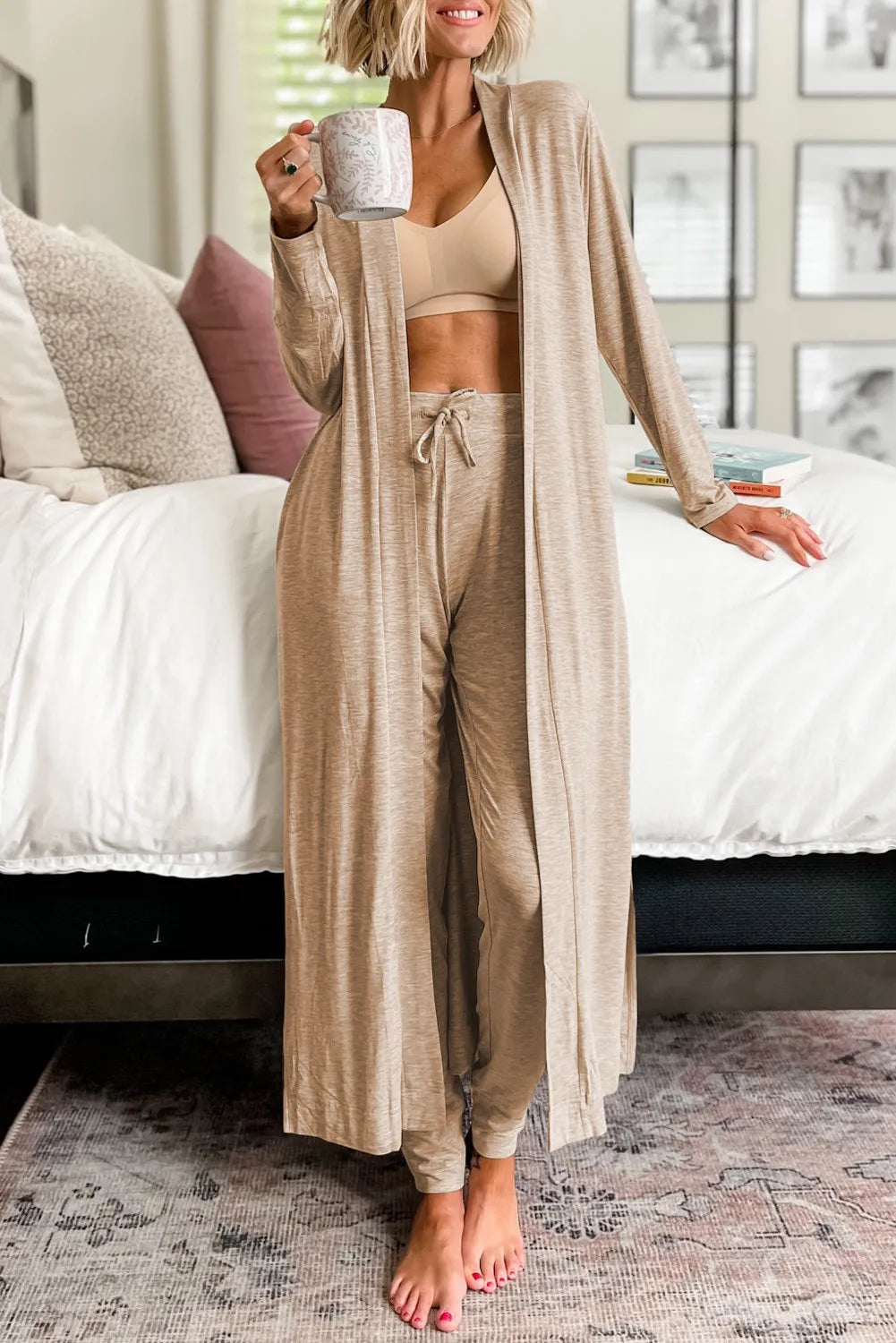 Open Front Long Sleeve Cardigan and Pants Lounge Set - Body By J'ne