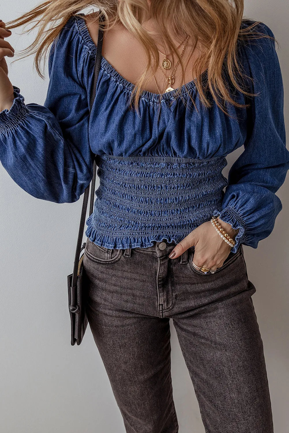 Smocked Long Sleeve Denim Top - Body By J'ne