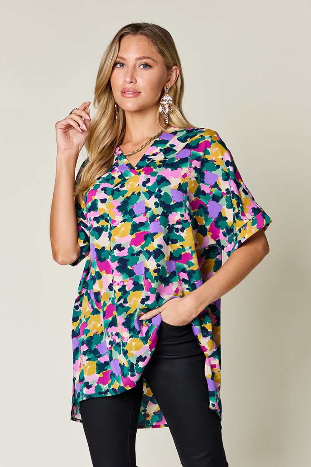 Full Size Printed V-Neck Short Sleeve Blouse - Body By J'ne