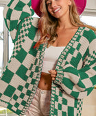 Checkered Open Front Long Sleeve Cardigan