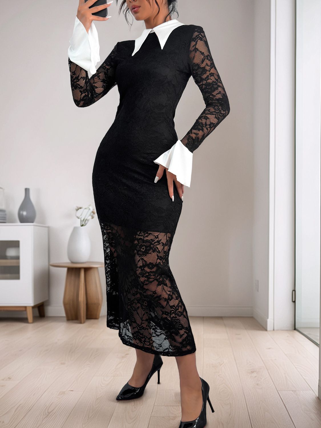 Lace Contrast Collared Neck Long Sleeve Midi Dress - Body By J'ne