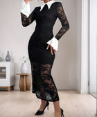 Lace Contrast Collared Neck Long Sleeve Midi Dress