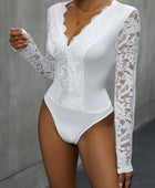 Perfee V-Neck Long Sleeve Lace Bodysuit