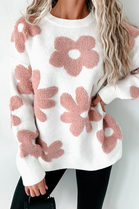Flower Round Neck Long Sleeve Knit Top - Body By J'ne