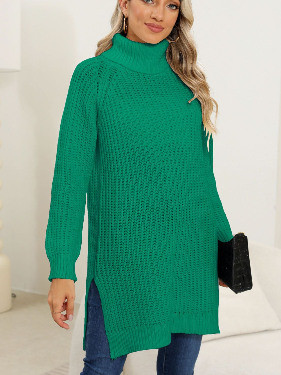 Slit Turtleneck Long Sleeve Sweater - Body By J'ne