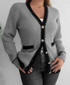 Contrast Trim Button Up Long Sleeve Cardigan