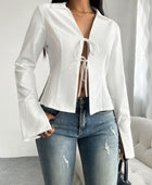 Devine Slit Tied Collared Neck Long Sleeve Blouse