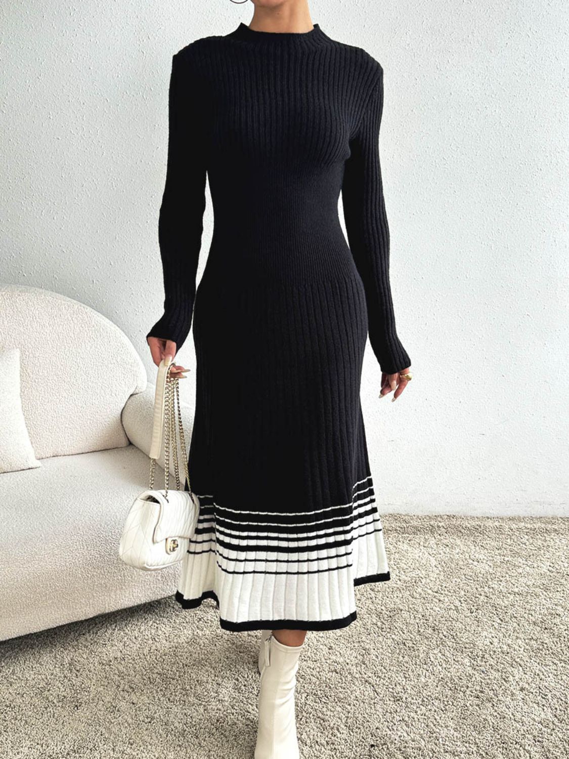 Contrast Mock Neck Long Sleeve Sweater Dress - Body By J'ne