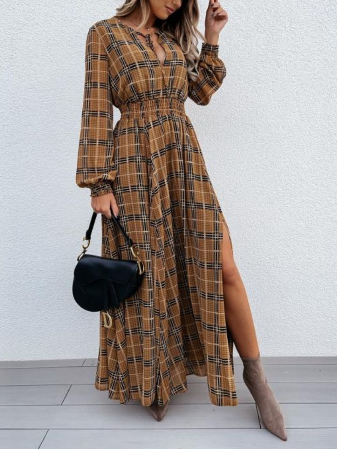 Slit Plaid Tie Neck Long Sleeve Maxi Dress - Body By J'ne