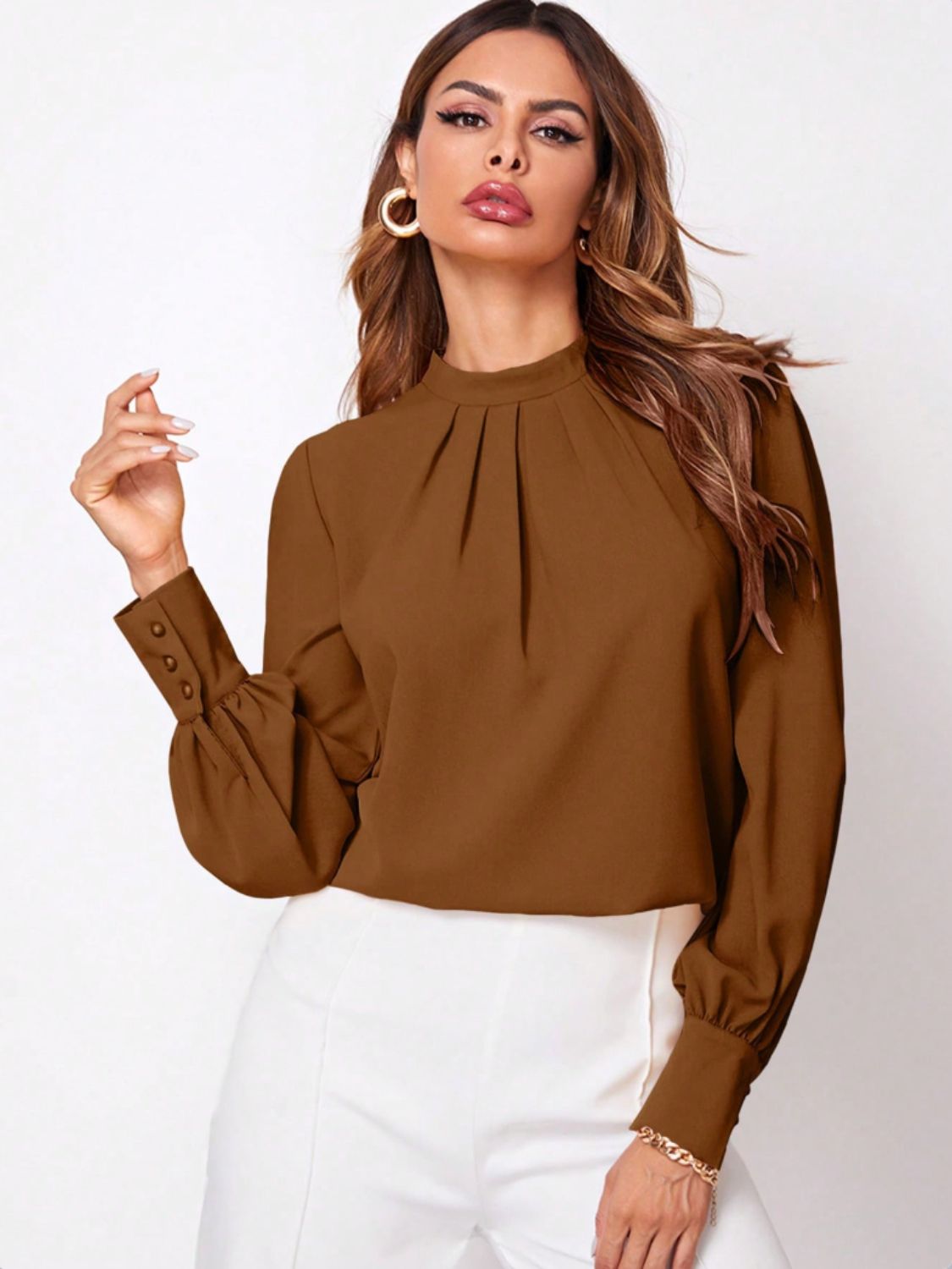 Ruched Mock Neck Long Sleeve Blouse - Body By J'ne